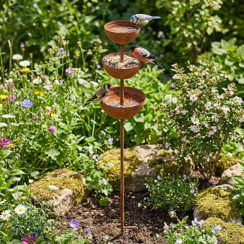 Retro Three-layer Bowl Style Metal Bird Bathtub Courtyard Plug-in Small Animal Drinking And Feeding Cup Feeder Garden Decoration thumbnail 3