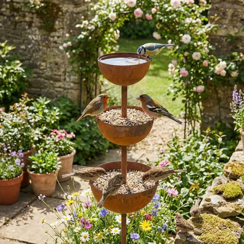 Retro Three-layer Bowl Style Metal Bird Bathtub Courtyard Plug-in Small Animal Drinking And Feeding Cup Feeder Garden Decoration thumbnail 2