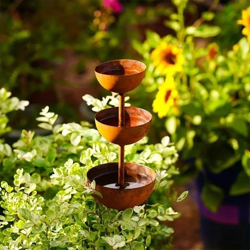 Retro Three-layer Bowl Style Metal Bird Bathtub Courtyard Plug-in Small Animal Drinking And Feeding Cup Feeder Garden Decoration thumbnail 5