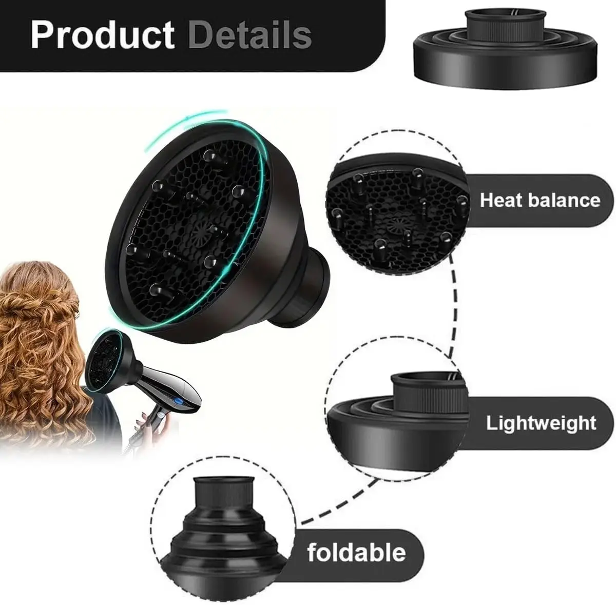 New Salon Tool Black Universal Silicone Hairdryer Diffuser Cover Adjustable Temperature Resistant Dispersing Drying Hair Dryer thumbnail 3