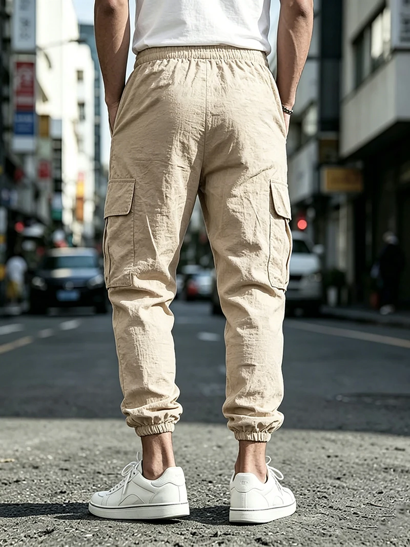 Men's Cotton Linen Cargo Jogger Pants Elastic Waist Drawstring Multi Pockets Casual Breathable Streetwear Trousers for Men thumbnail 2