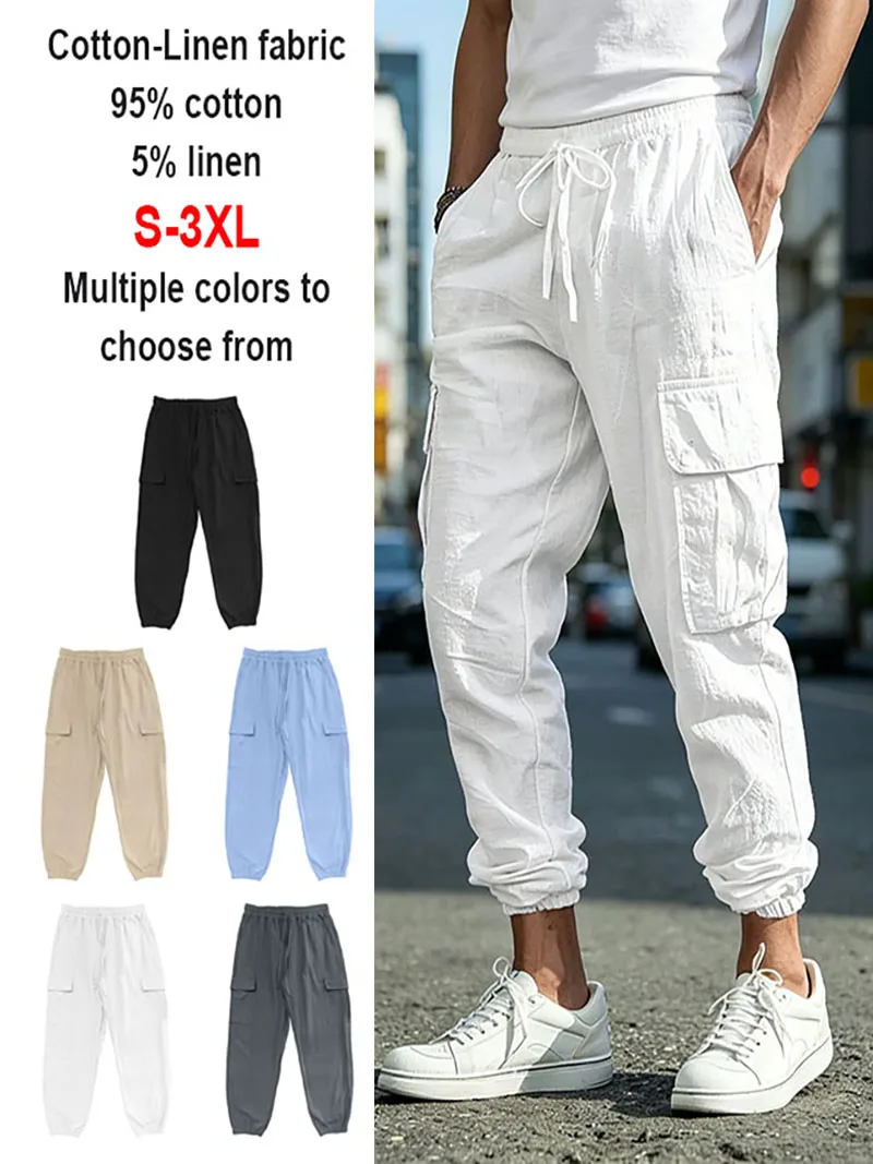 Men's Cotton Linen Cargo Jogger Pants Elastic Waist Drawstring Multi Pockets Casual Breathable Streetwear Trousers for Men thumbnail 6