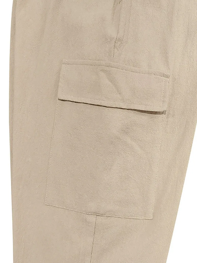 Men's Cotton Linen Cargo Jogger Pants Elastic Waist Drawstring Multi Pockets Casual Breathable Streetwear Trousers for Men thumbnail 4