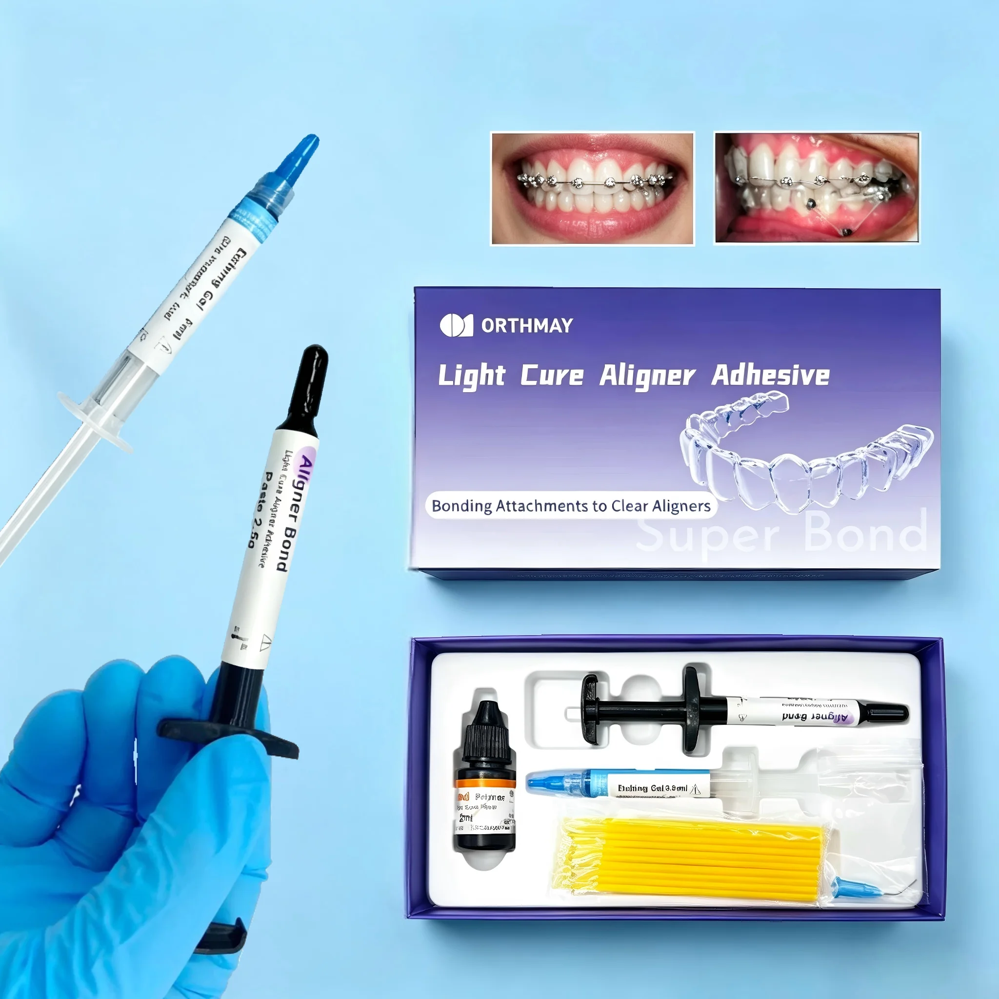 Dental Orthodontic Invisible Bonding Adhesive Kit for Attaching Ceramic/Metal/Plastic Attachments to Clear Aligners 2.5g Kit thumbnail 2