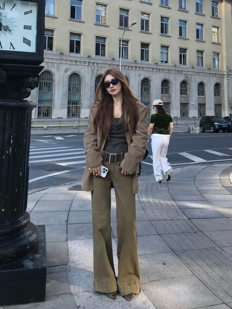 【FANGTING】 Women Autumn Vintage Rolled Edge Casual Pants American Style Cargo Loose Wide Leg Khaki Trousers thumbnail 5