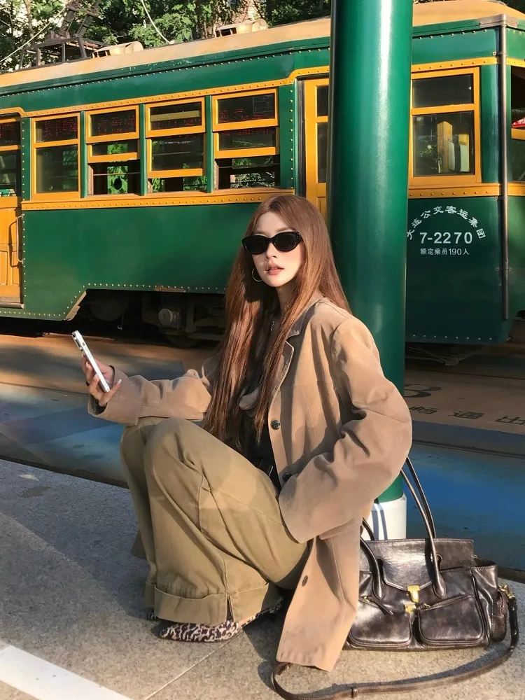 【FANGTING】 Women Autumn Vintage Rolled Edge Casual Pants American Style Cargo Loose Wide Leg Khaki Trousers thumbnail 2
