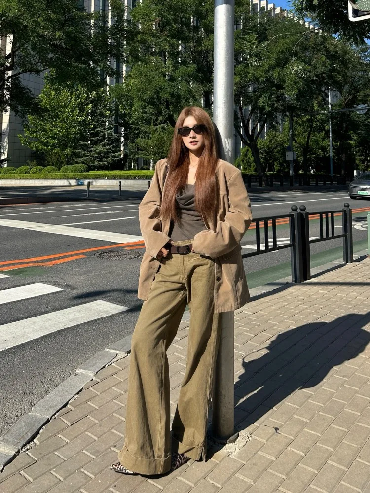【FANGTING】 Women Autumn Vintage Rolled Edge Casual Pants American Style Cargo Loose Wide Leg Khaki Trousers thumbnail 3