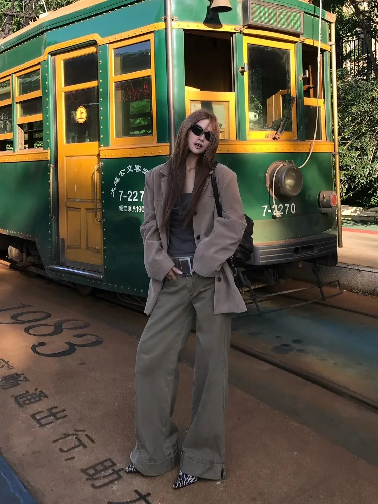 【FANGTING】 Women Autumn Vintage Rolled Edge Casual Pants American Style Cargo Loose Wide Leg Khaki Trousers thumbnail 4