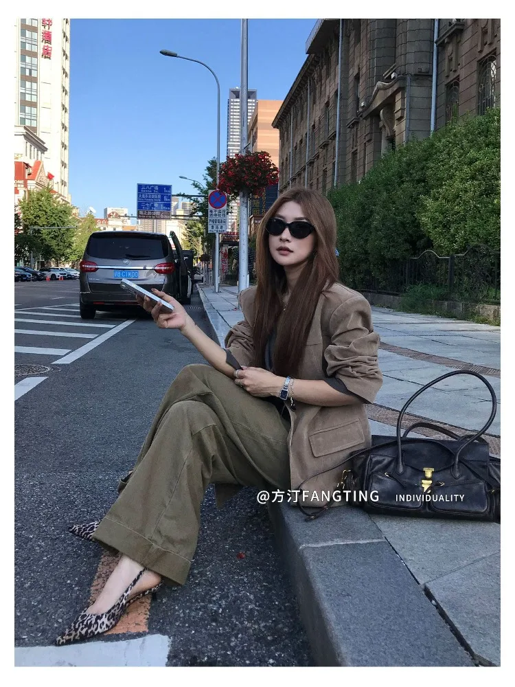 【FANGTING】 Women Autumn Vintage Rolled Edge Casual Pants American Style Cargo Loose Wide Leg Khaki Trousers thumbnail 6
