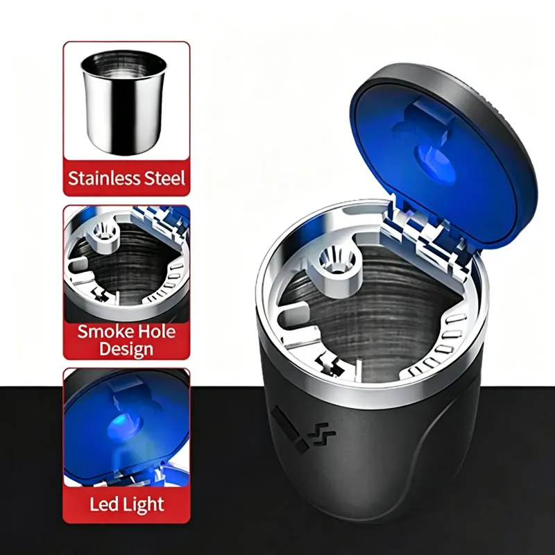Car Ashtray with Lid Smell Proof, Car Cigarette Ashtray with Lid and Light, Stainless Metal Material, Easy To Clean for Most Car thumbnail 3