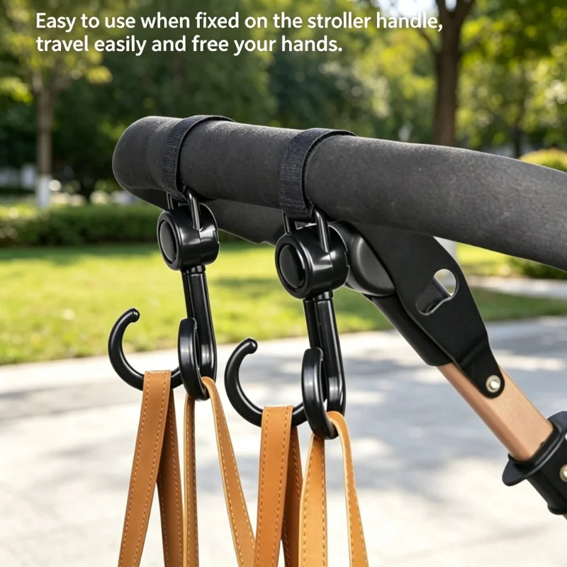 2pcs 360° Rotating Baby Stroller Hook, Heavy Duty Adjustable Velcro Strap, Durable Bag Hanger for Pram Accessories Cochecitos