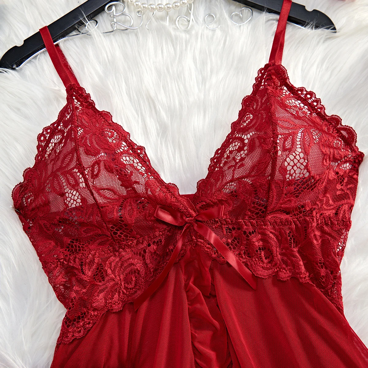 Transparent Red Lingerie Women's Underwear Sleepwear Lace Nightdress And Panty Pijamas Sets Female Nighty thumbnail 4
