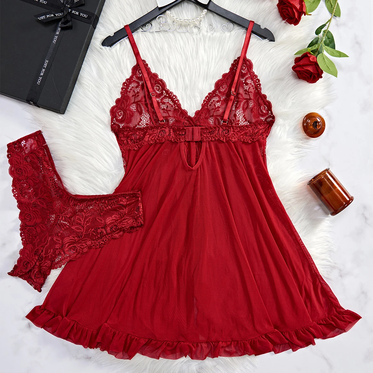 Transparent Red Lingerie Women's Underwear Sleepwear Lace Nightdress And Panty Pijamas Sets Female Nighty thumbnail 3