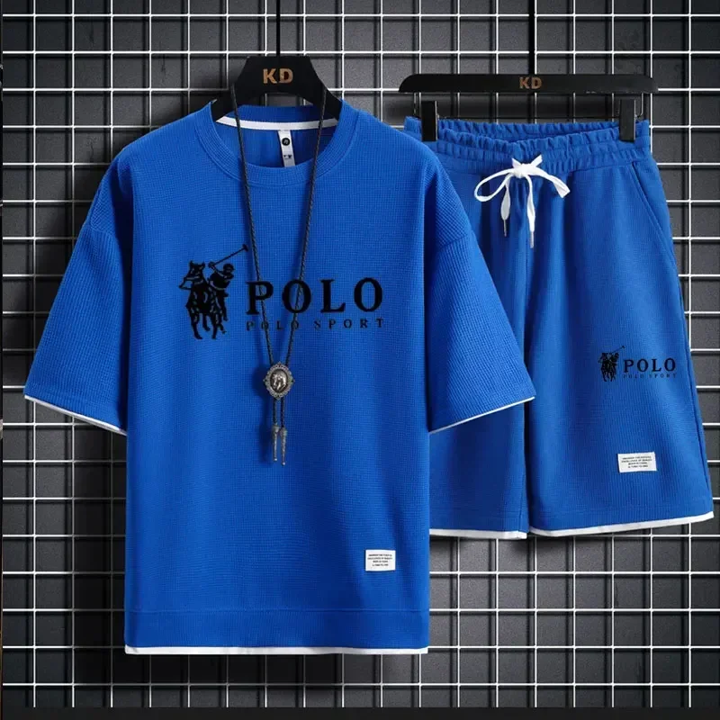 Men's two-piece short sleeved T-shirt and sports shorts summer fashion breathable casual waffle set thumbnail 6