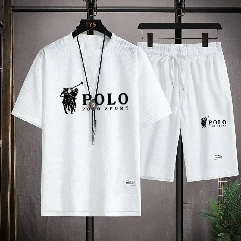 Men's two-piece short sleeved T-shirt and sports shorts summer fashion breathable casual waffle set thumbnail 3