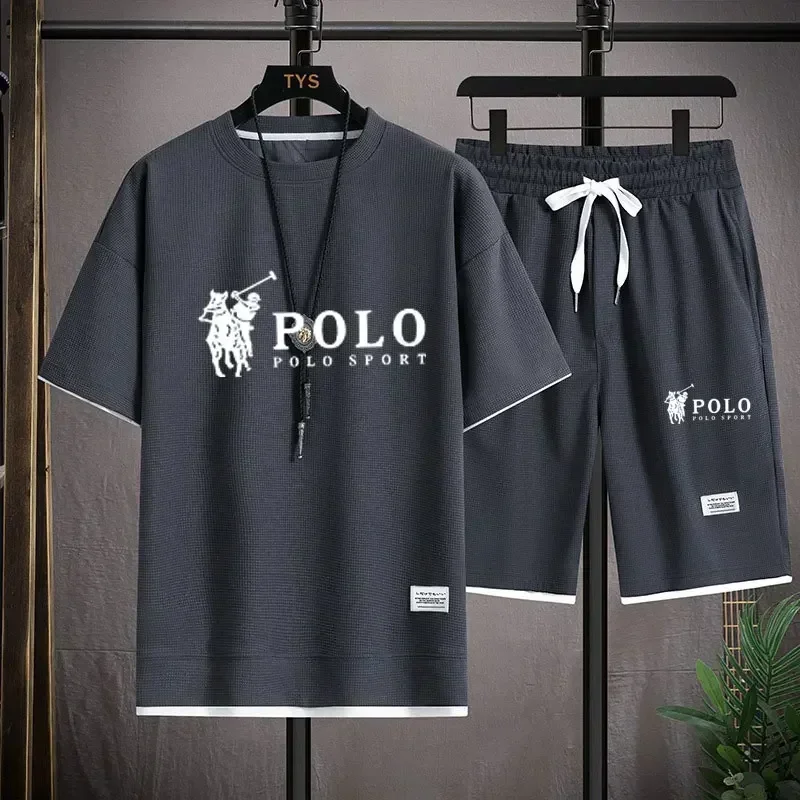 Men's two-piece short sleeved T-shirt and sports shorts summer fashion breathable casual waffle set