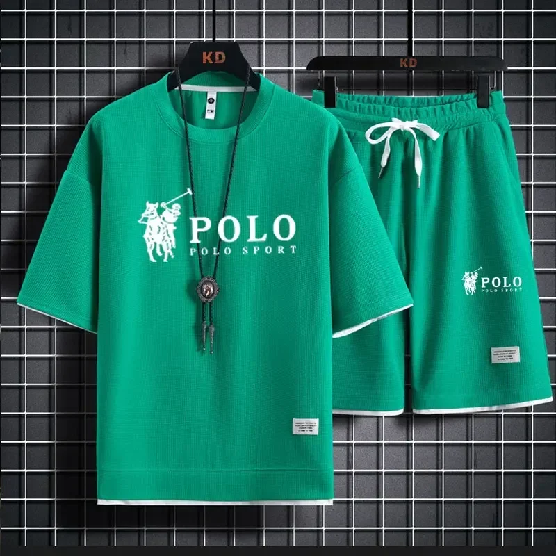 Men's two-piece short sleeved T-shirt and sports shorts summer fashion breathable casual waffle set thumbnail 5