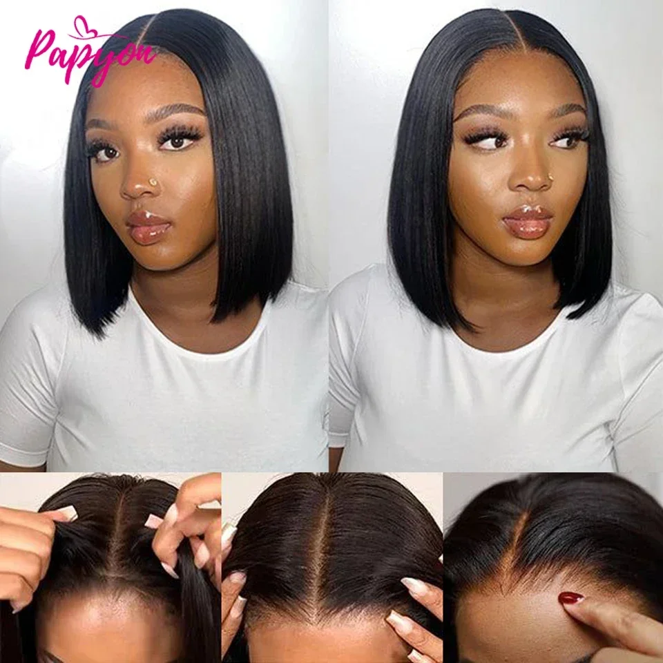Short Bob Wigs Straight Glueless Wig Ready To Wear Human Hair Wigs Pre Cut 4x4 Elastic Drawstring Upgraded No Glue Lace Air Wig thumbnail 4