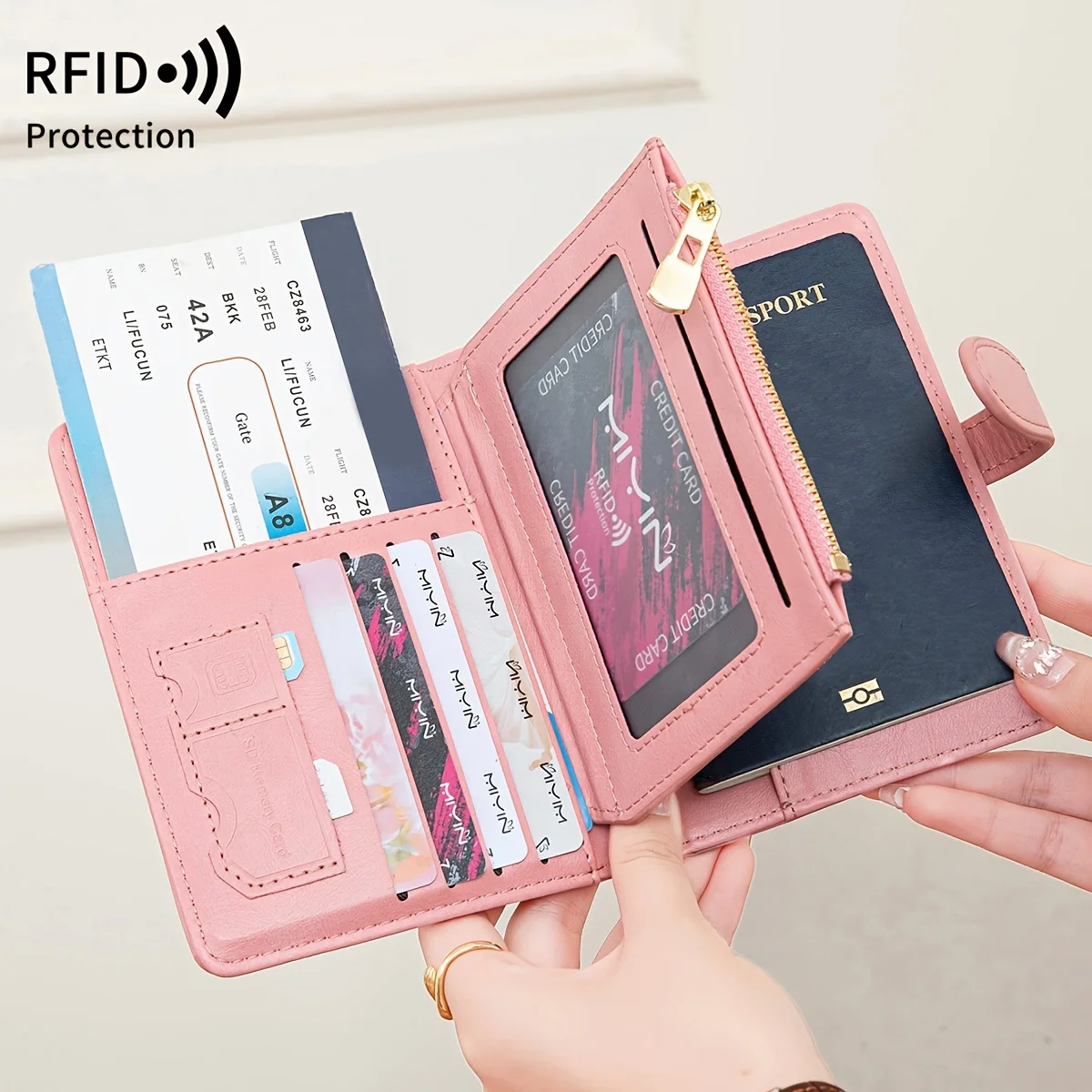 Shielded Passport Clip Wallet - Fashionable Pink Travel Organizer with Multiple Card Slot, Coin Pocket and Zipper Closure thumbnail 2