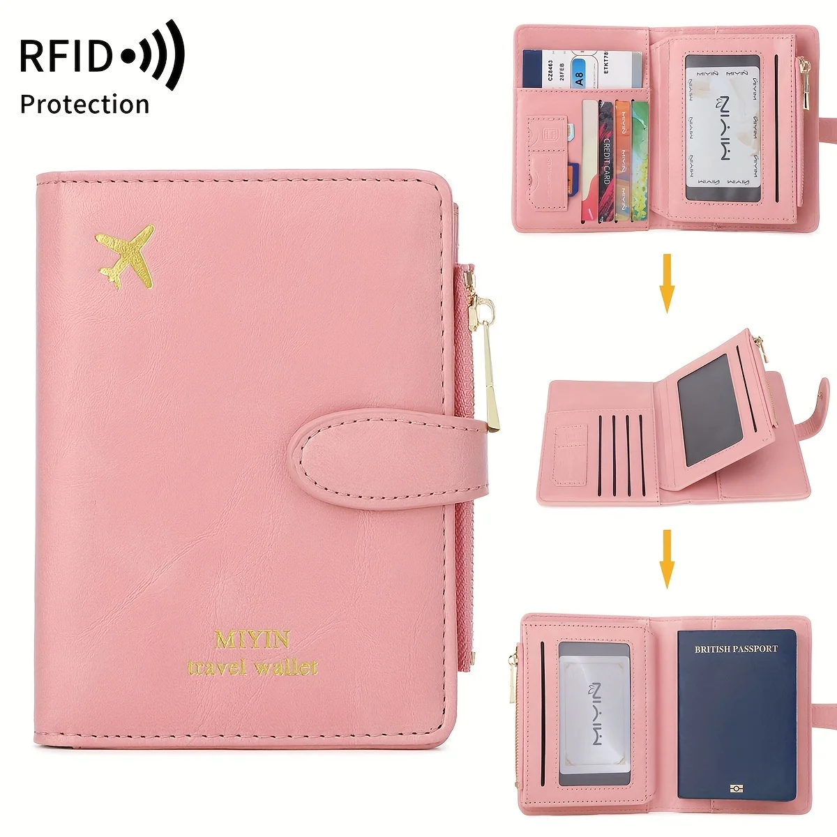 Shielded Passport Clip Wallet - Fashionable Pink Travel Organizer with Multiple Card Slot, Coin Pocket and Zipper Closure thumbnail 5