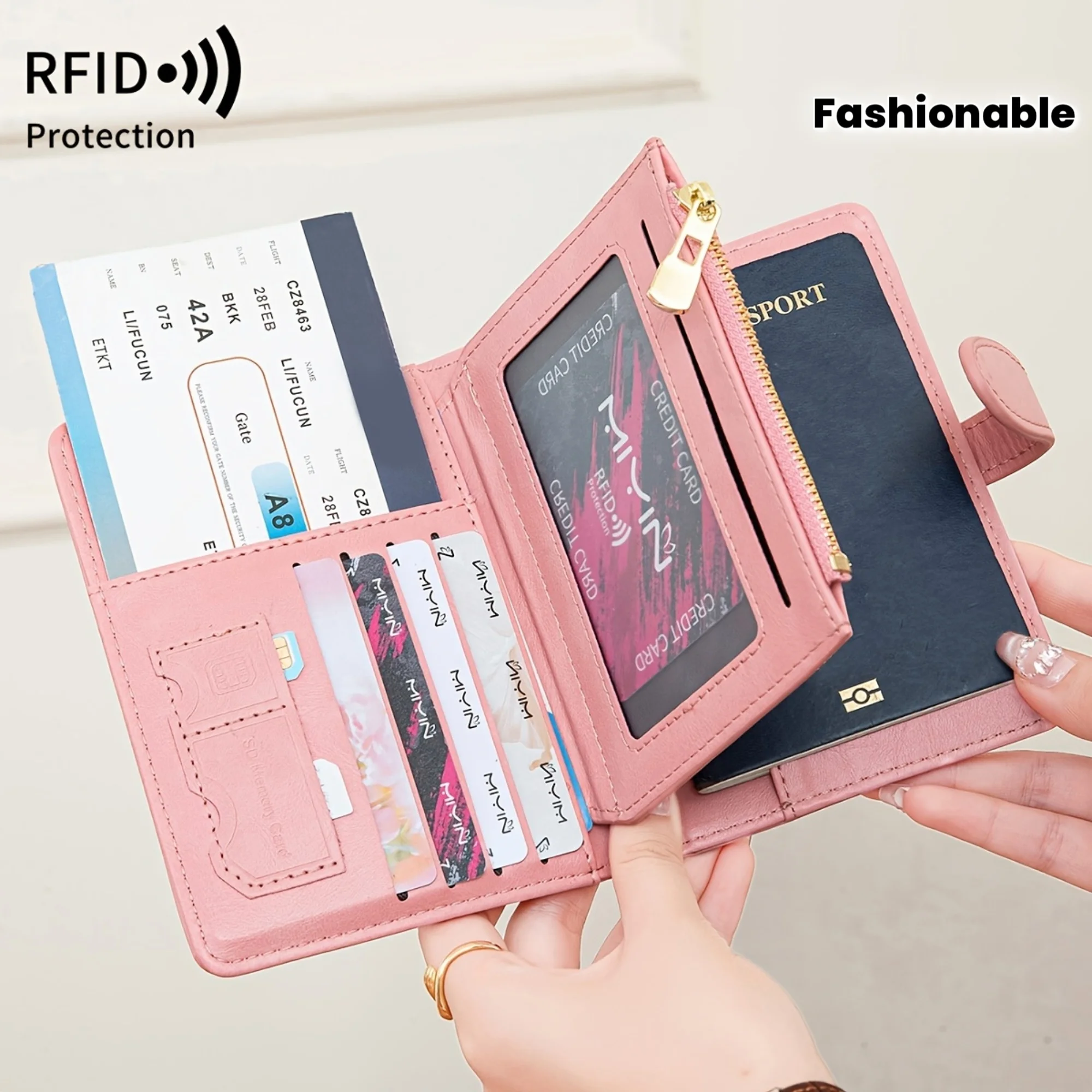 Shielded Passport Clip Wallet - Fashionable Pink Travel Organizer with Multiple Card Slot, Coin Pocket and Zipper Closure