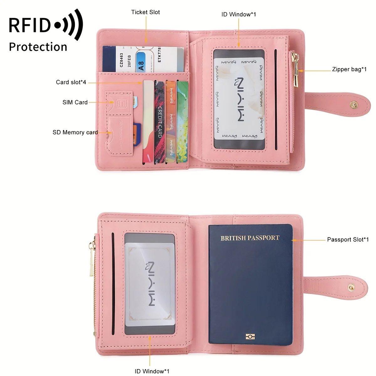 Shielded Passport Clip Wallet - Fashionable Pink Travel Organizer with Multiple Card Slot, Coin Pocket and Zipper Closure thumbnail 6