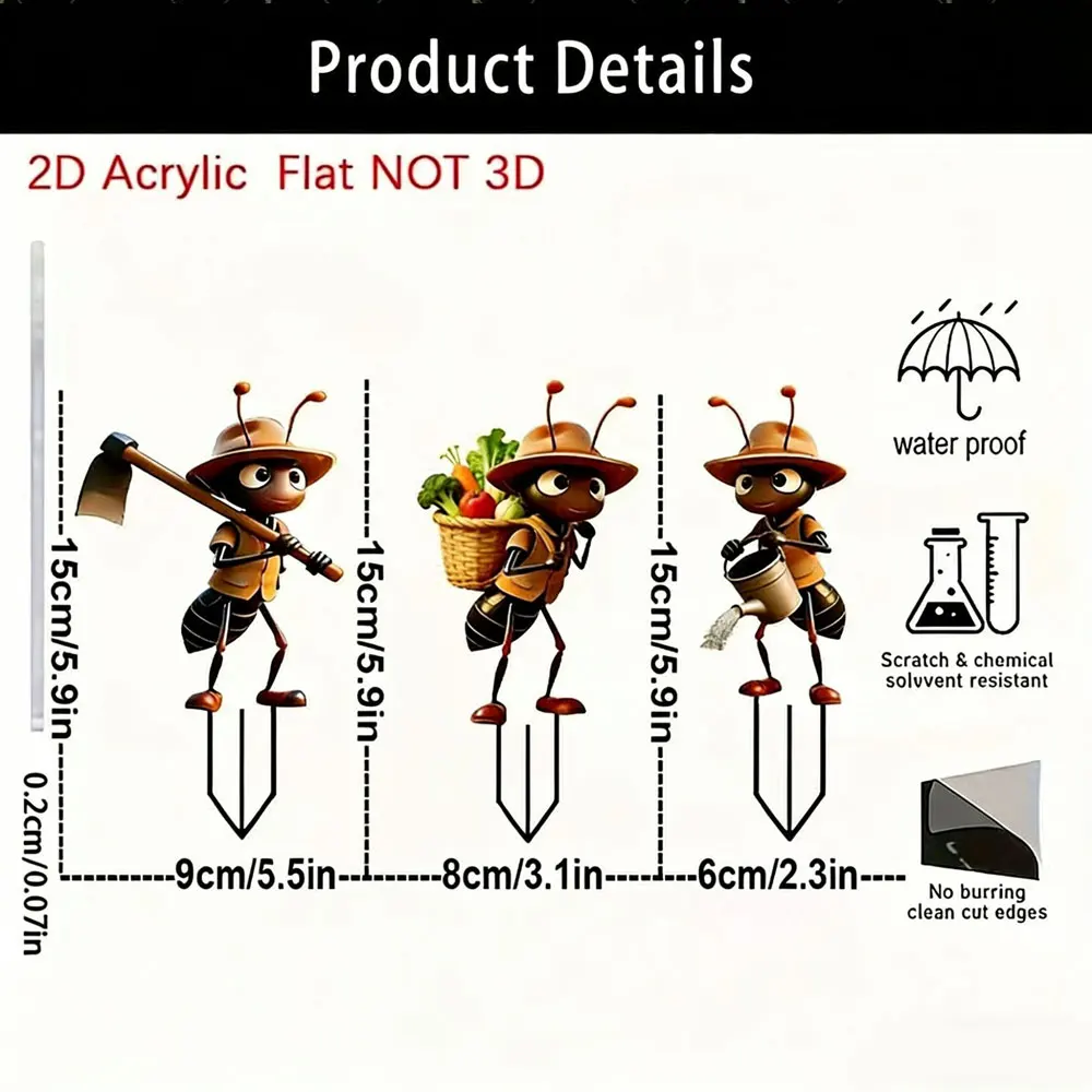 2D Flat, 3Pc Ant Acrylic Garden Decoration Set, Reusable - Suitable for Outdoor Decorations Such as Patios, Lawns, and Planters, Perfect Gift thumbnail 6