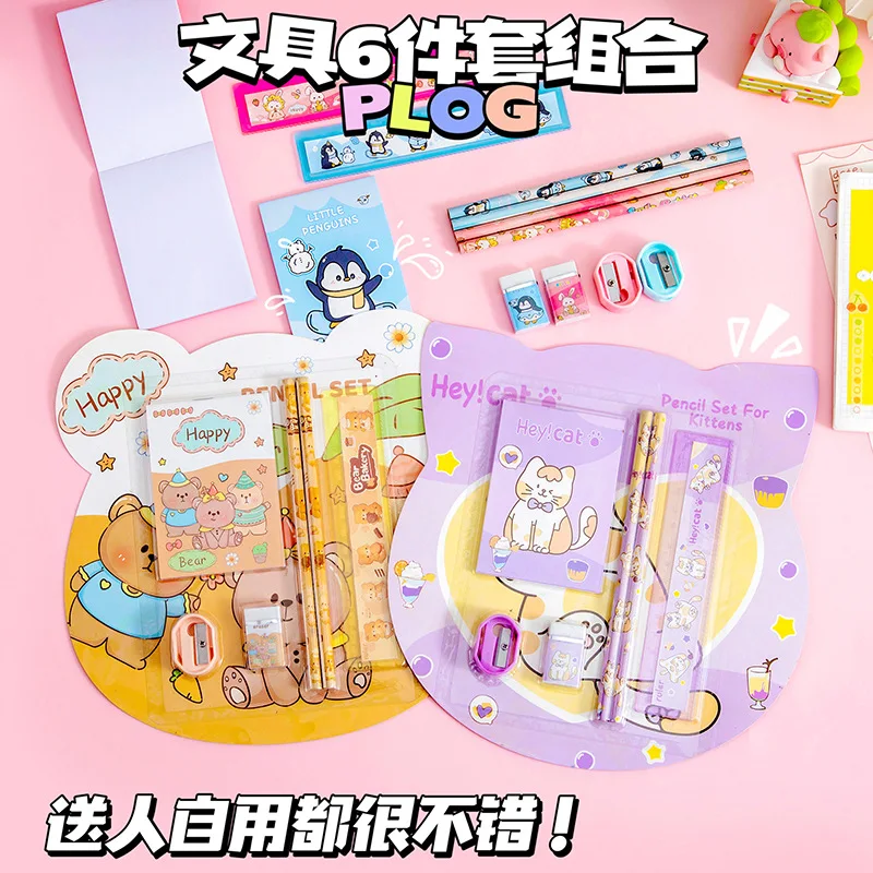 Cartoon Stationery Set 6 Pcs Cute Pencil Ruler Eraser Notebook Set for Kids Students School Gift thumbnail 4