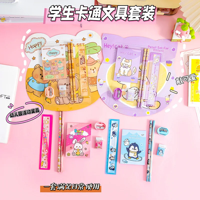 Cartoon Stationery Set 6 Pcs Cute Pencil Ruler Eraser Notebook Set for Kids Students School Gift thumbnail 3