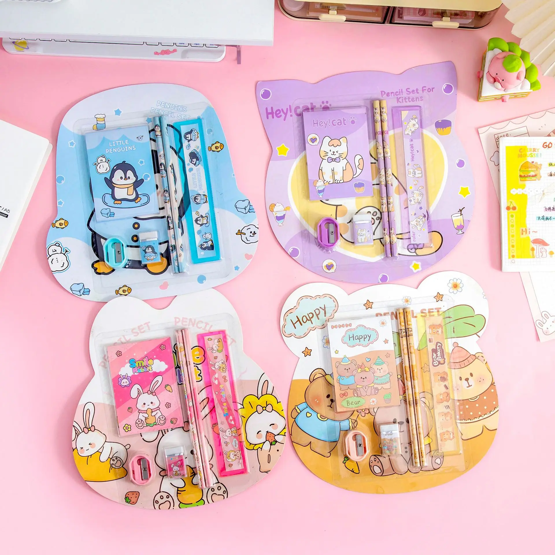 Cartoon Stationery Set 6 Pcs Cute Pencil Ruler Eraser Notebook Set for Kids Students School Gift thumbnail 2