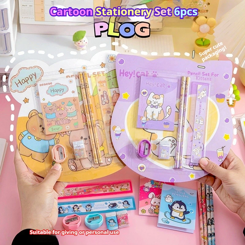 Cartoon Stationery Set 6 Pcs Cute Pencil Ruler Eraser Notebook Set for Kids Students School Gift
