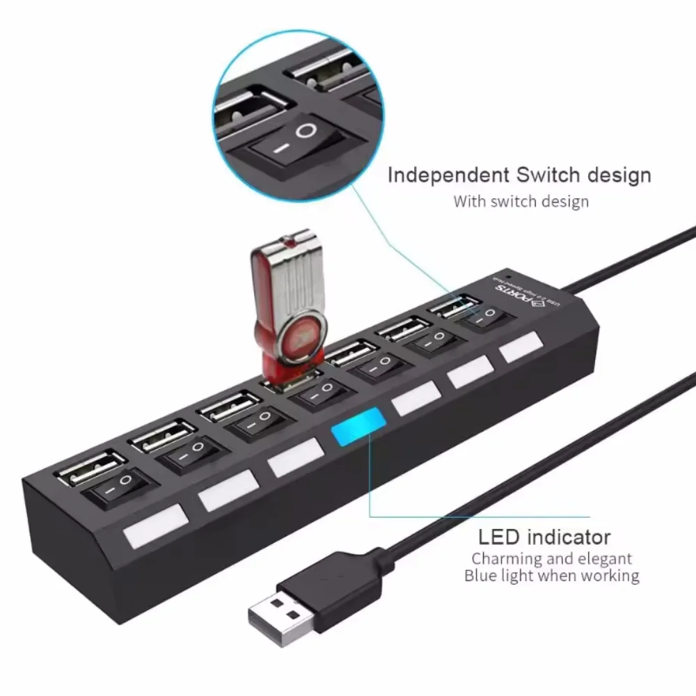 High Speed 4/7 Ports USB HUB 2.0 Adapter Expander Multi USB Splitter Multiple Extender with LED Lamp Switch for PC Laptop thumbnail 3