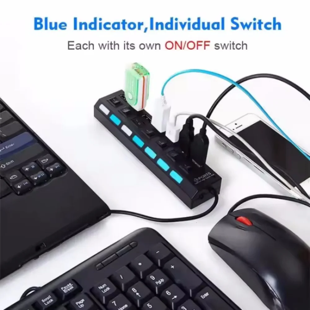 High Speed 4/7 Ports USB HUB 2.0 Adapter Expander Multi USB Splitter Multiple Extender with LED Lamp Switch for PC Laptop thumbnail 5