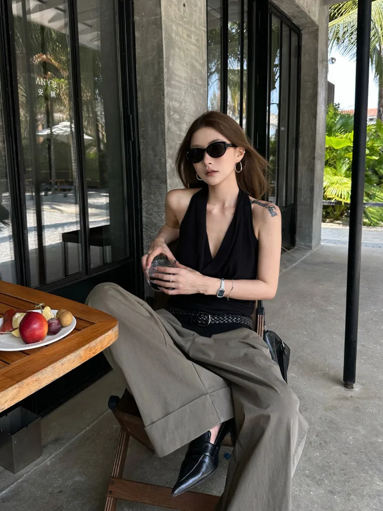 【FANGTING】Women Summer Greyish Green Casual Pants Cuffed Hem Design Straight Loose Wide Leg Trousers thumbnail 2