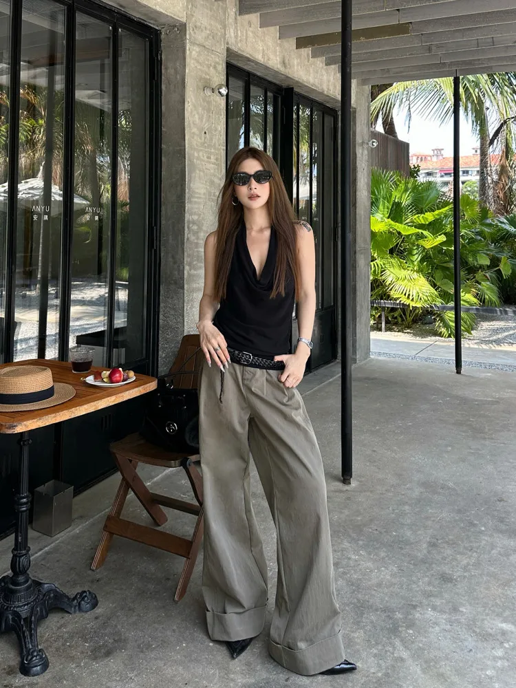 【FANGTING】Women Summer Greyish Green Casual Pants Cuffed Hem Design Straight Loose Wide Leg Trousers thumbnail 3