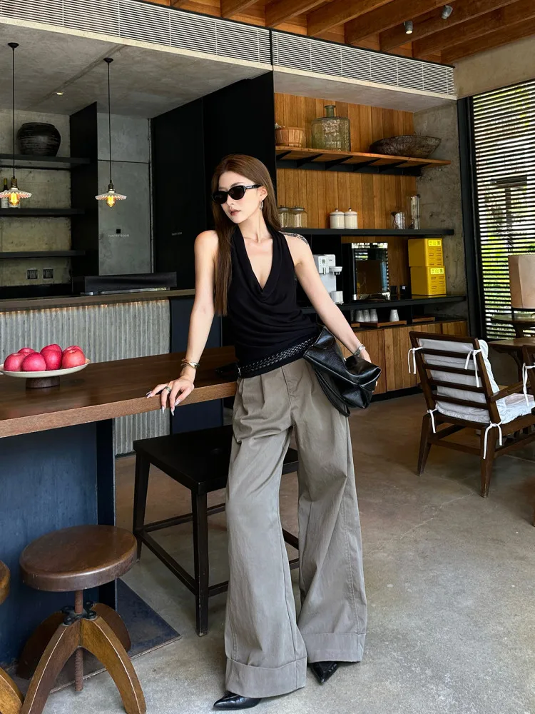 【FANGTING】Women Summer Greyish Green Casual Pants Cuffed Hem Design Straight Loose Wide Leg Trousers thumbnail 5