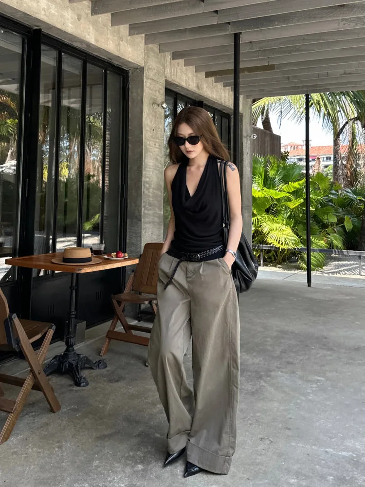 【FANGTING】Women Summer Greyish Green Casual Pants Cuffed Hem Design Straight Loose Wide Leg Trousers thumbnail 4