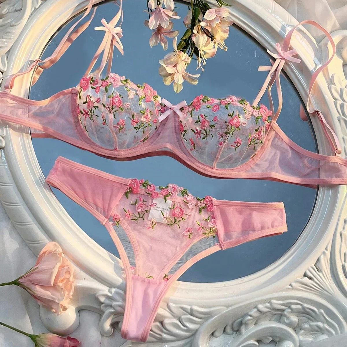 New Pink Bra Women Lingerie Set Ladies Embroidery Floral Bras Underwear Sets thumbnail 2
