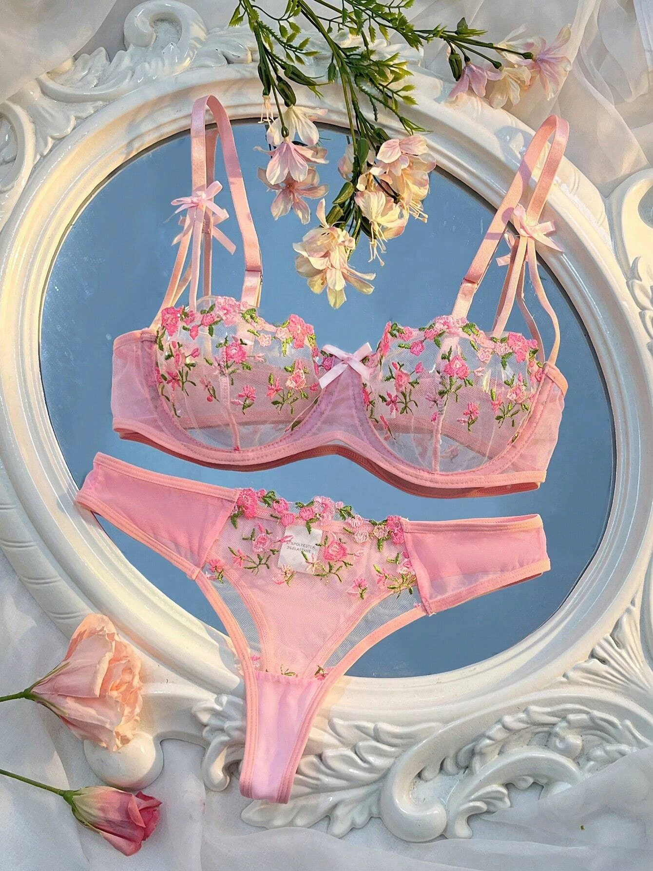 New Pink Bra Women Lingerie Set Ladies Embroidery Floral Bras Underwear Sets thumbnail 3