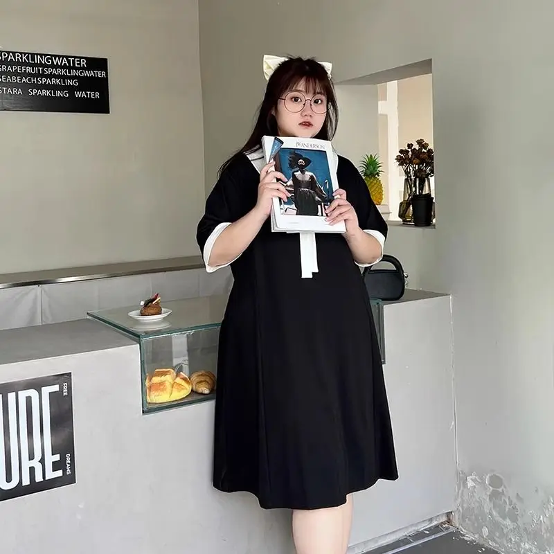 Plus Size Contrast Patchwork Street Casual T Shirt Dress New Summer Short Sleeve Loose Korean Dresses Lazy Trend Women Clothing thumbnail 4