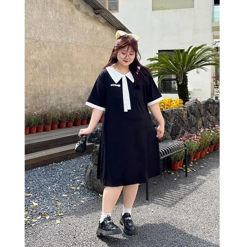 Plus Size Contrast Patchwork Street Casual T Shirt Dress New Summer Short Sleeve Loose Korean Dresses Lazy Trend Women Clothing thumbnail 5