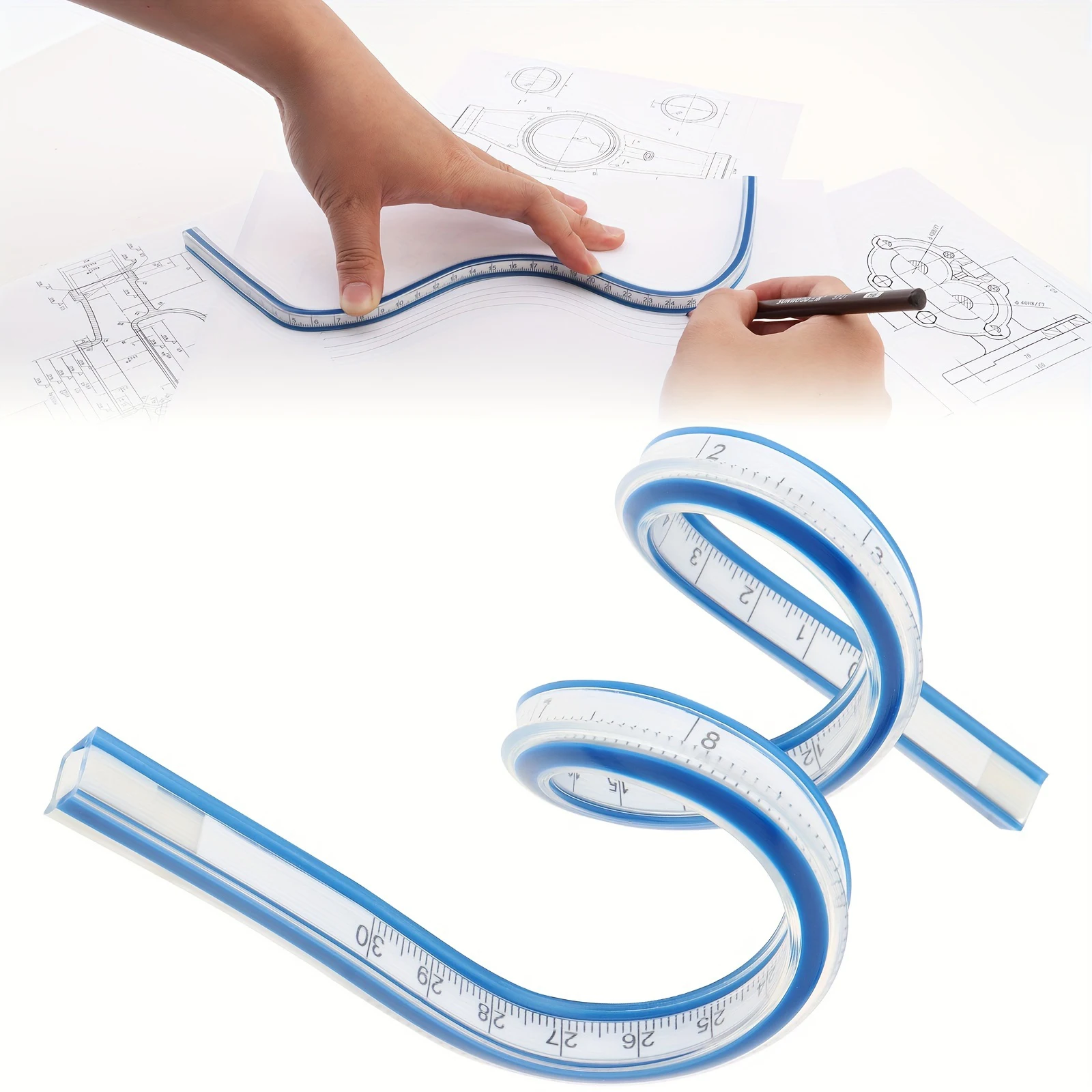 1pc Flexible Curve Ruler for Drawing & Design - Dual Scale Multi-Functional Plastic Tool for Office & School Use thumbnail 2