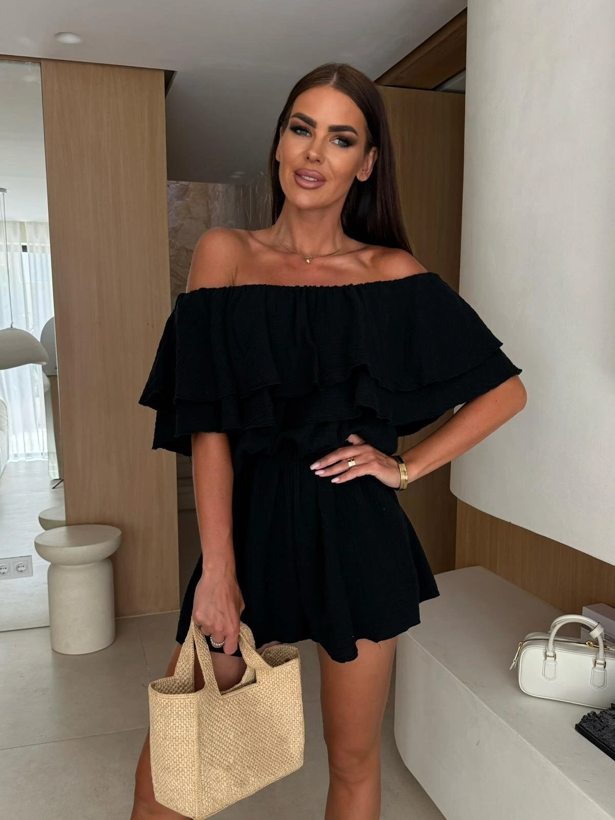 Off Shoulder Ruffle Layered Romper Elastic Waist Short Jumpsuit For Women