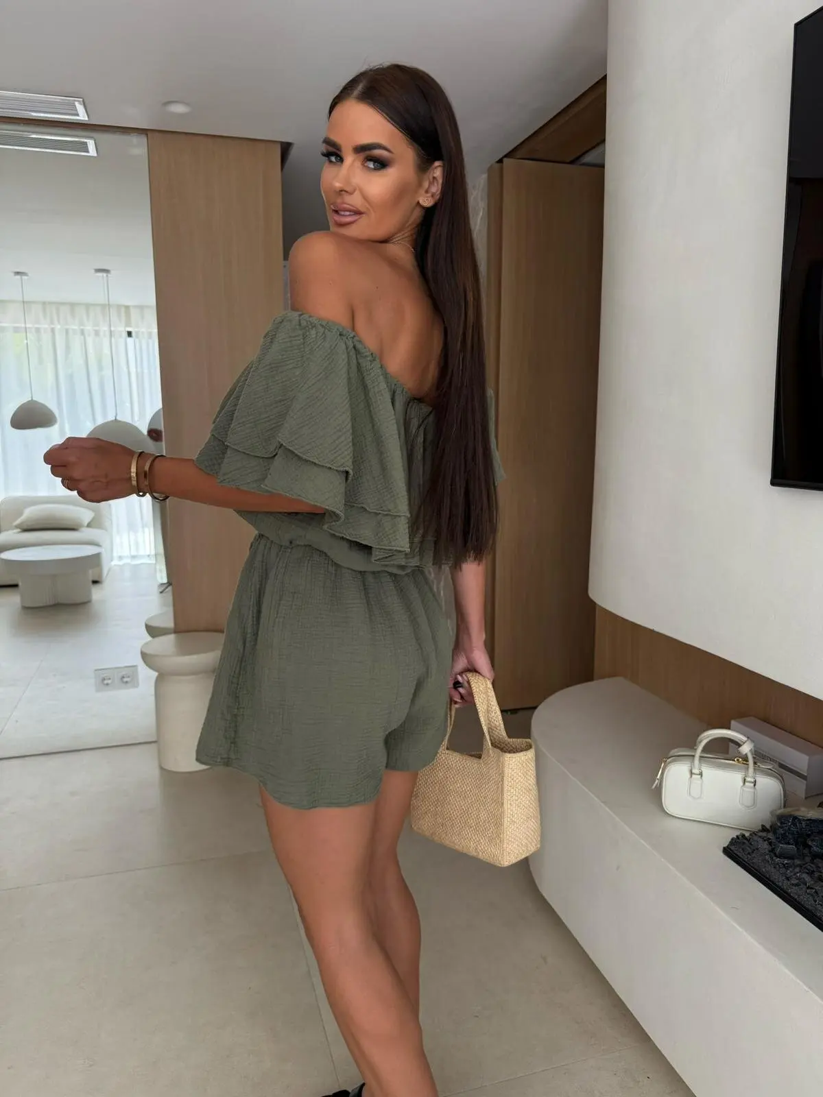 Off Shoulder Ruffle Layered Romper Elastic Waist Short Jumpsuit For Women thumbnail 6