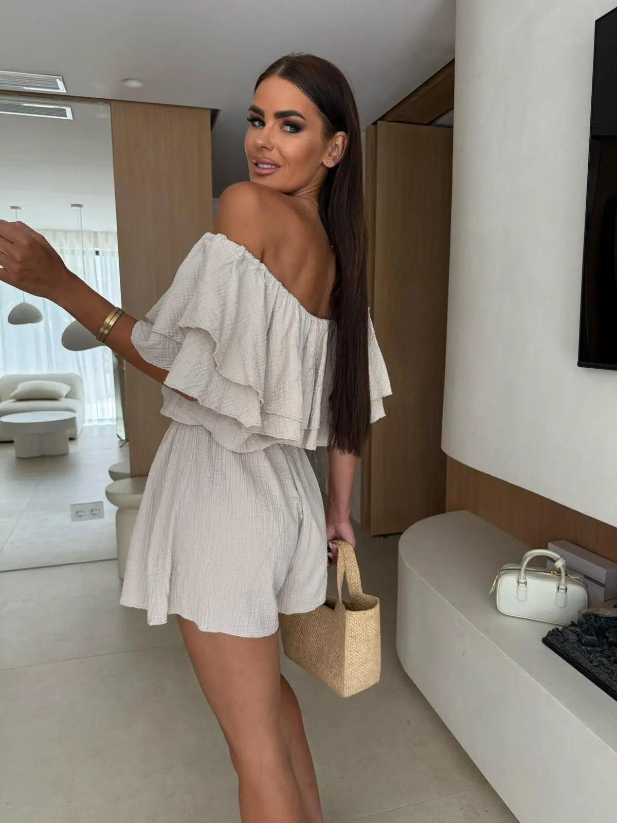 Off Shoulder Ruffle Layered Romper Elastic Waist Short Jumpsuit For Women thumbnail 4