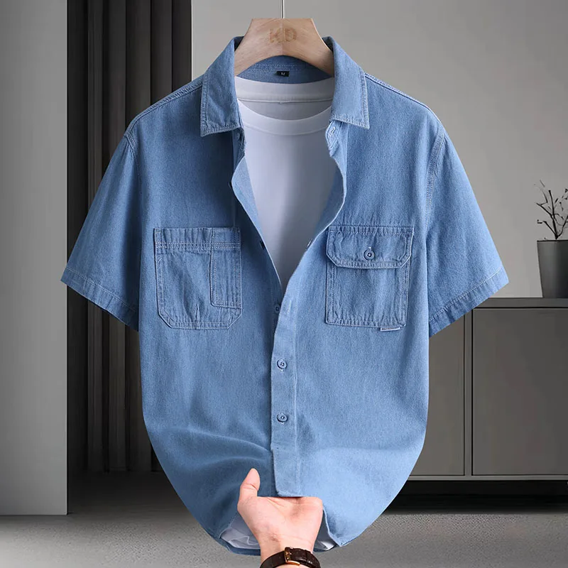 Summer Men's Short Sleeve Denim Shirt with Patch Pockets - Soft Cotton Blend Casual Utility Fashion Workwear Shirt thumbnail 2