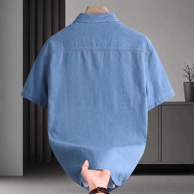 Summer Men's Short Sleeve Denim Shirt with Patch Pockets - Soft Cotton Blend Casual Utility Fashion Workwear Shirt thumbnail 3