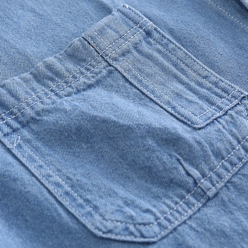 Summer Men's Short Sleeve Denim Shirt with Patch Pockets - Soft Cotton Blend Casual Utility Fashion Workwear Shirt thumbnail 5