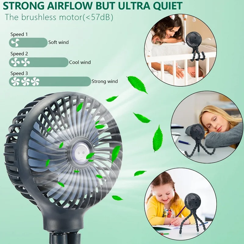 Stroller Fan Portable Baby Fan with 3 Speeds Quiet Rechargeable Fans for Travel Outdoor Car Seat Crib Baby Stroller Accessories thumbnail 4
