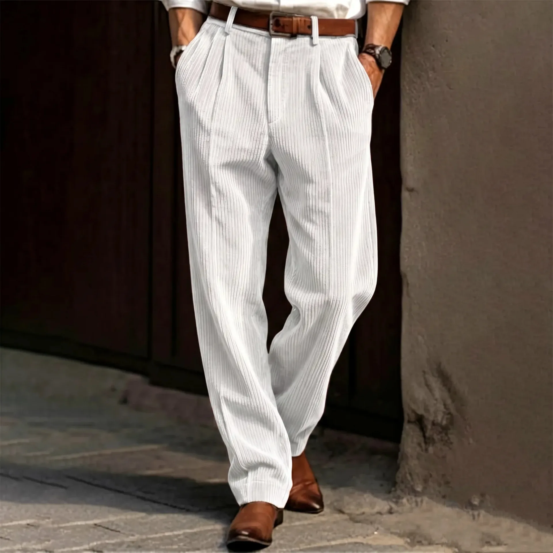 Spring and Autumn Men's Corduroy Pants - New Streetwear Style - Stretch-Fit Casual Striped Trousers - Fashionable Business Pants
